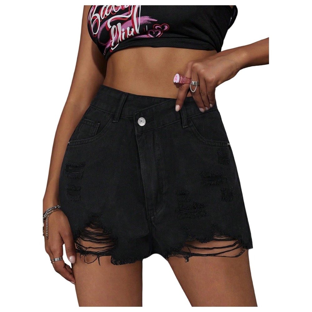 NWT‎ Women High Waisted Distressed Denim Shorts Ripped Y2k Mini Black XS